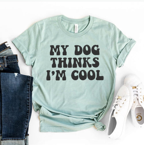 Maglietta grigia Heather di Sajishop con stampa "My Dog Thinks I'm Cool" per cani e proprietari, tessuto morbido e comodo.