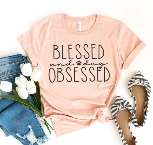 Maglietta Sajishop Heather Sunset Blessed and Dog Obsessed, cotone, manica corta, stile casual, immagine frontale.