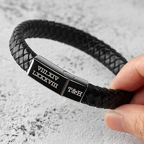 Bracciale uomo in pelle intrecciata con numeri romani incisi, stile Sajishop, accessorio elegante e robusto
