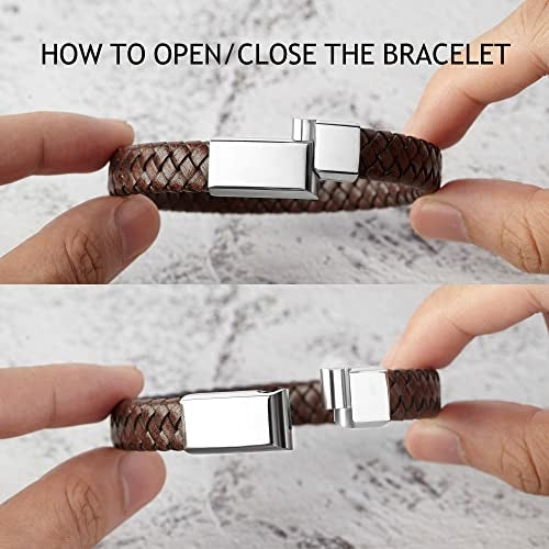Bracciale da uomo in pelle intrecciata con incisione di numeri romani, stile Sajishop, elegante e resistente.