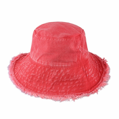 Cappello a secchiello sfilacciato lavanda Sajishop, stile casual con bordi frangiati e tessuto leggero.