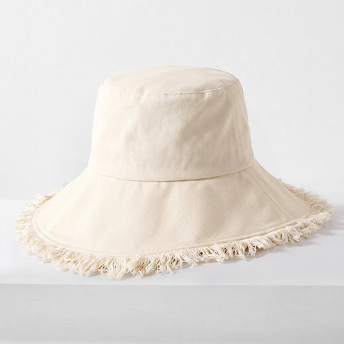 Cappello bucket frayed di Sajishop in tessuto lavanda, stile casual con bordi sfilacciati e design trendy.