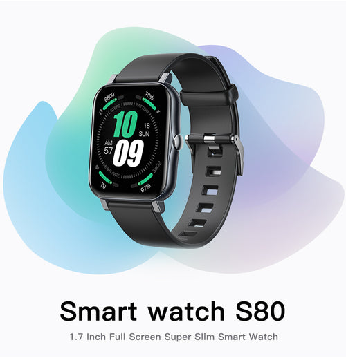 Smartwatch Sajishop con schermo intero, resistente all'acqua IP68, ultra sottile e di colore blu chiaro, visibile in dettaglio.
