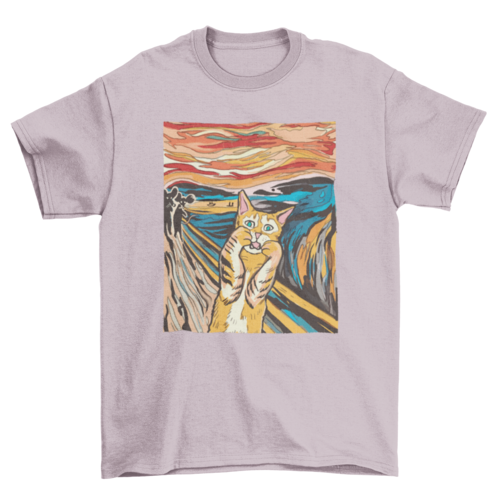 Maglietta rosa chiaro parody cat The Scream di Sajishop, tessuto morbido e design divertente con gattino stilizzato.