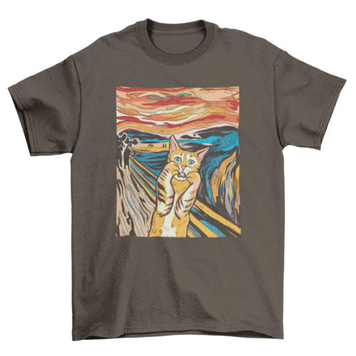 Maglietta rosa chiaro Sajishop con stampa parody di The Scream con gatto, t-shirt casual con design divertente e originale.