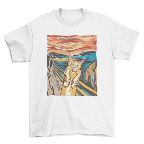 Maglietta parody The Scream con gatto, colore rosa chiaro, marca Sajishop, t-shirt casual con stampa artistica.