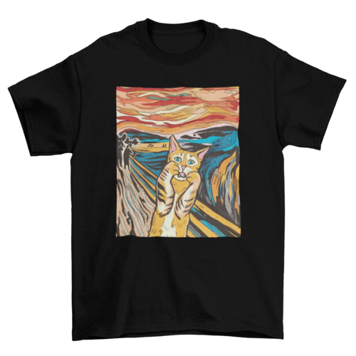 Maglietta rosa chiaro parody di The Scream con gatto, marca Sajishop, vista frontale, tessuto morbido e dettagli artistici.