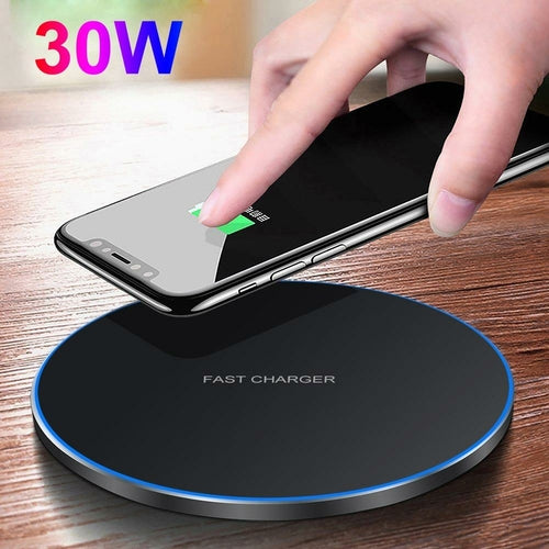 Pad di ricarica wireless Dragon W9 30W di Sajishop, superficie nera con design moderno, compatibile con smartphone e dispositivi Qi.