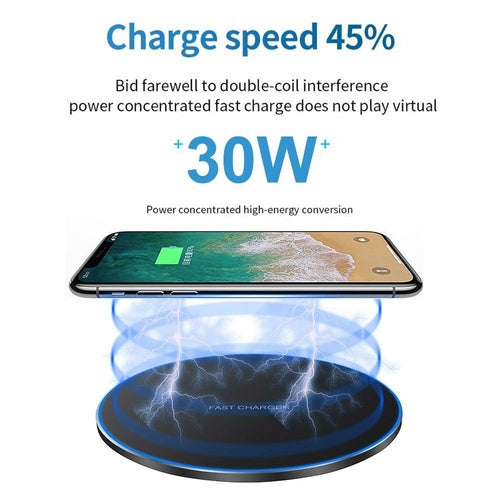 Pad di ricarica wireless Dragon W9 30W di Sajishop, superficie piatta e compatibile con dispositivi Qi per ricarica rapida.