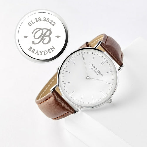 Orologio inciso per testimoni, regalo per damigiani e testimoni, orologio da uomo Sajishop con cinturino in pelle.