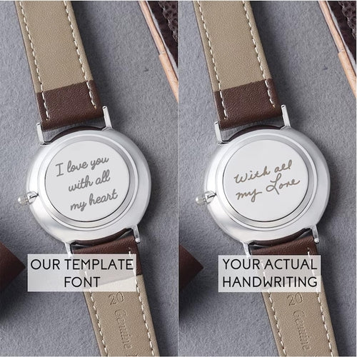 Orologio da uomo Sajishop con incisione personalizzata, regalo di scrittura a mano per lo sposo, mostrato su sfondo neutro.
