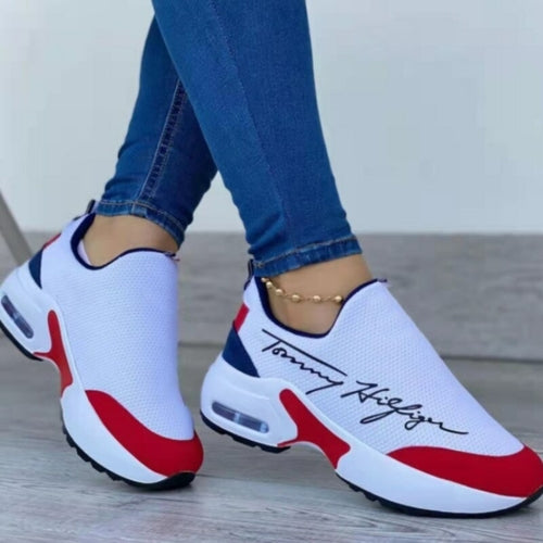 Scarpe da donna Sajishop, sneakers casual e traspiranti con zeppa bassa, ideali per camminare, colore rosso.