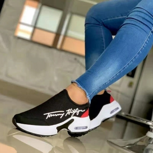 Scarpe da donna Sajishop, sneakers casual e traspiranti con zeppa piatta per camminare, colore rosso, comode e leggere.