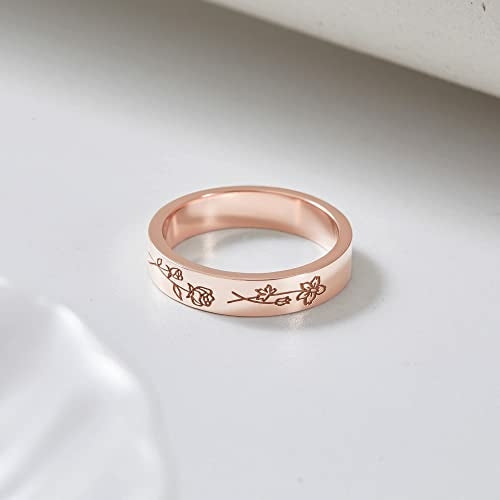 Anello Sajishop con fiori del mese di nascita in oro rosa placcato, anello familiare floreale, regalo per mamma, anello madre.
