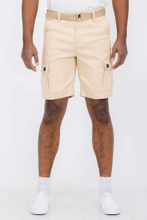 Pantaloncini cargo con cintura Sajishop in tessuto marrone con cintura regolabile, vista frontale, taglia 3XL.