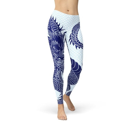 Leggings donna Sajishop con design giapponese di drago, dettaglio artistico e stile elegante per il tempo libero.