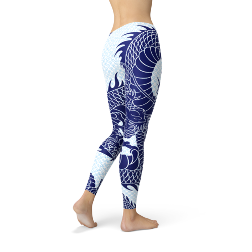 Collant donna Sajishop con stampa di drago giapponese, design dettagliato e colorato, tessuto elastico e aderente.
