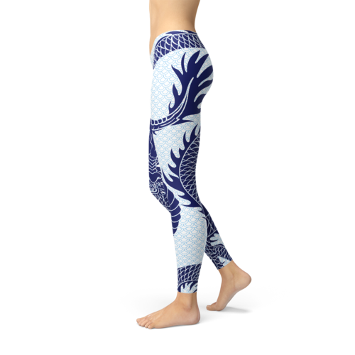 Leggings donna Sajishop con motivo di drago giapponese, design dettagliato e colori vivaci, tessuto comodo e aderente.