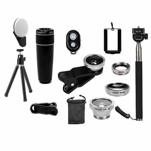 Kit di lenti per fotocamera smartphone Sajishop 11 in 1, lente argentata con diverse funzioni per foto di alta qualità.