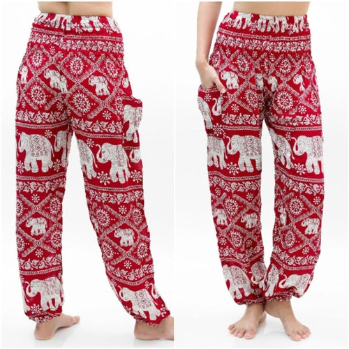 Pantaloni donna color burgundy con stampa elefante, stile boho e hippie, ideali per yoga e relax, firmati Sajishop.