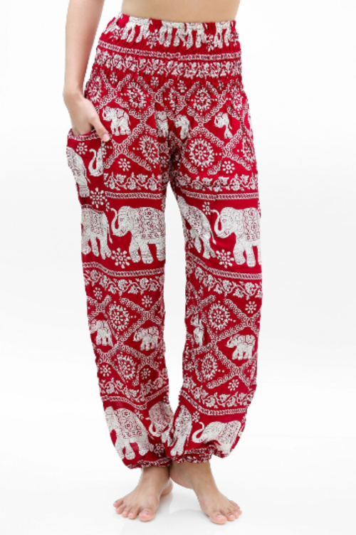 Pantaloni donna color borgogna con elefante e motivo boho hippie per yoga e relax, marca Sajishop.