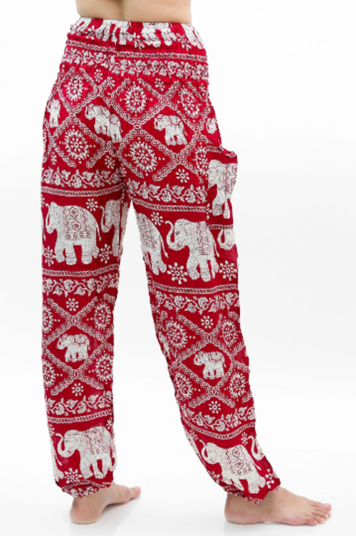 Pantaloni donna color bordeaux con stampa elefante, stile boho e hippie, ideali per yoga e relax, marchio Sajishop.