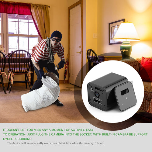 Caricabatterie USB Sajishop con telecamera nascosta HD 1080P per sicurezza domestica, visibile con porta USB e spina UK.