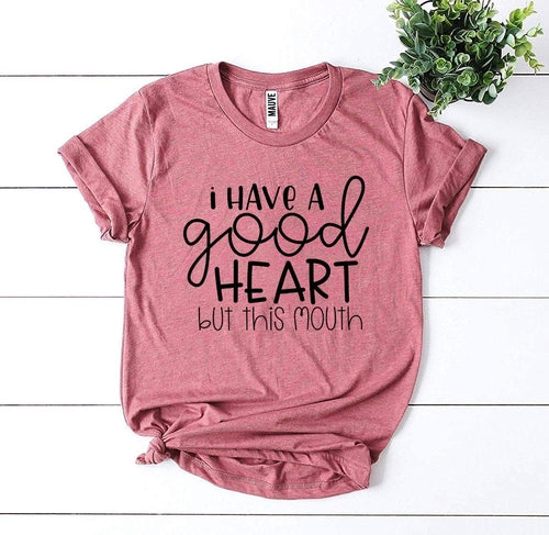 T-shirt bianco Sajishop "I Have a Good Heart But This Mouth" con stampa, taglia 3XL, morbido tessuto e design originale.