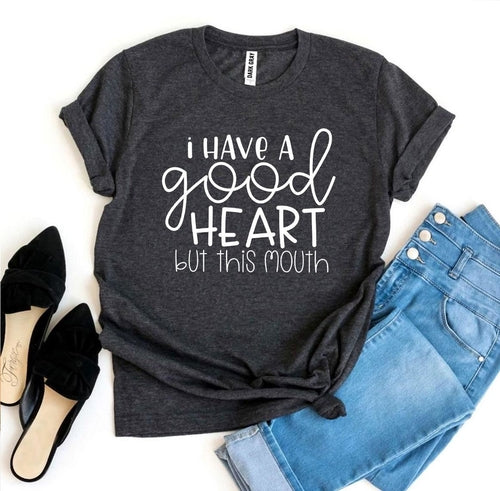 Maglietta bianca Sajishop "I Have a Good Heart But This Mouth" con stampa frontale, taglia 3XL, tessuto morbido e comodo.