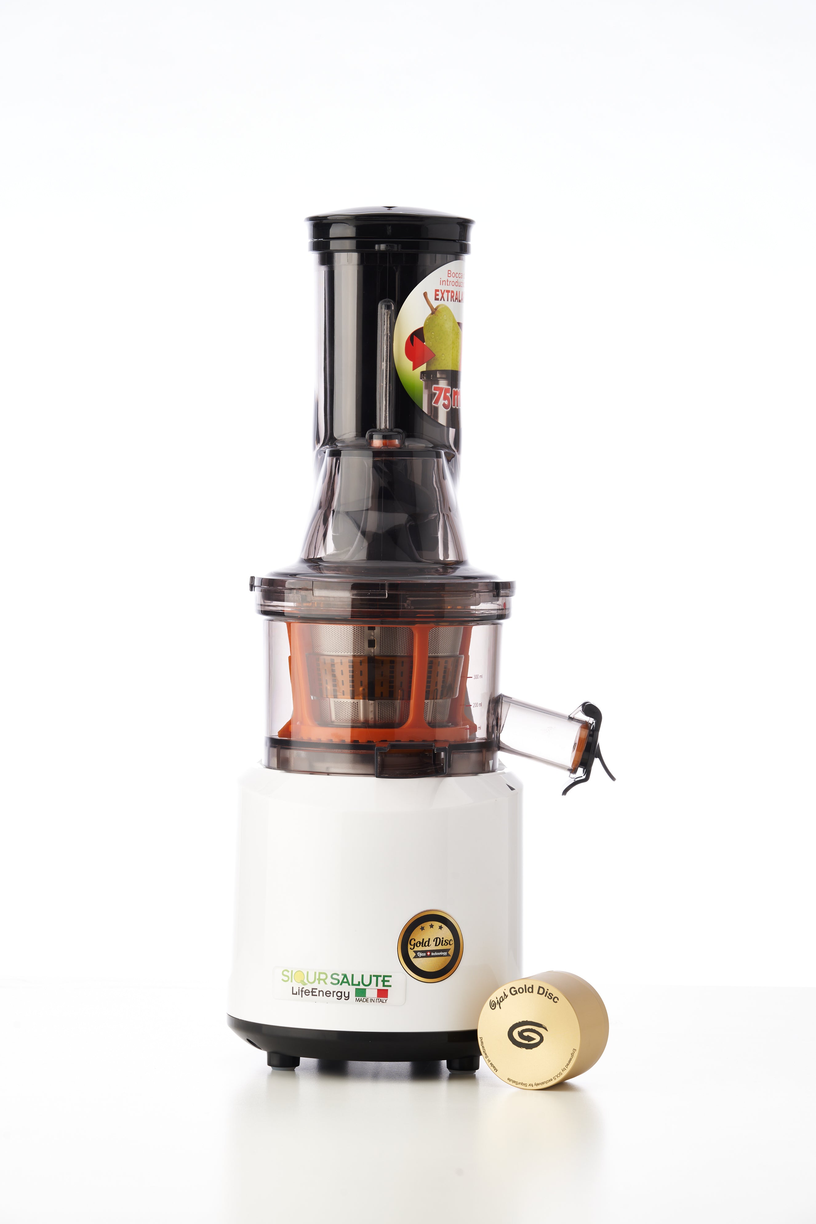 Estrattore di succo lento LifeEnergy PRO di Siqur Salute, apparecchio da cucina bianco con design moderno.