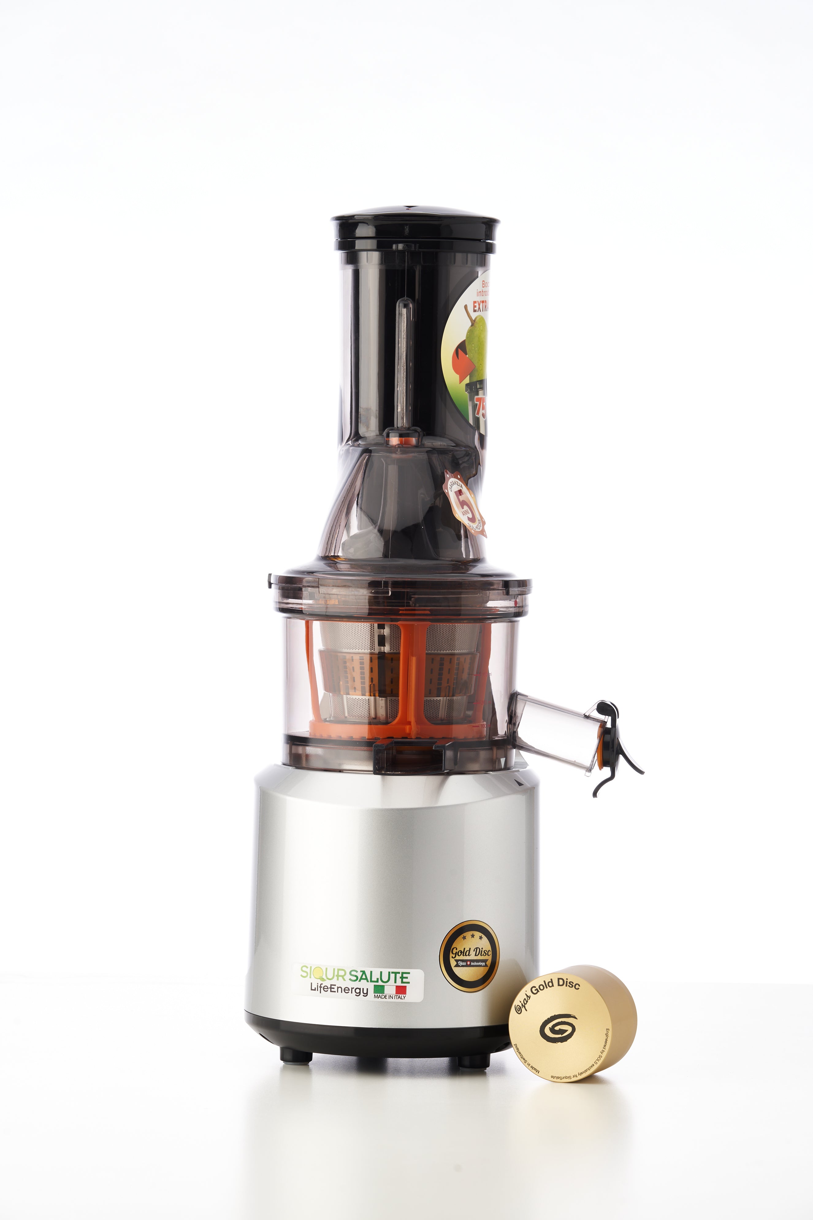 Estrattore di succo lento LifeEnergy PRO di Siqur Salute, apparecchio da cucina con filtro e componente in acciaio inox.