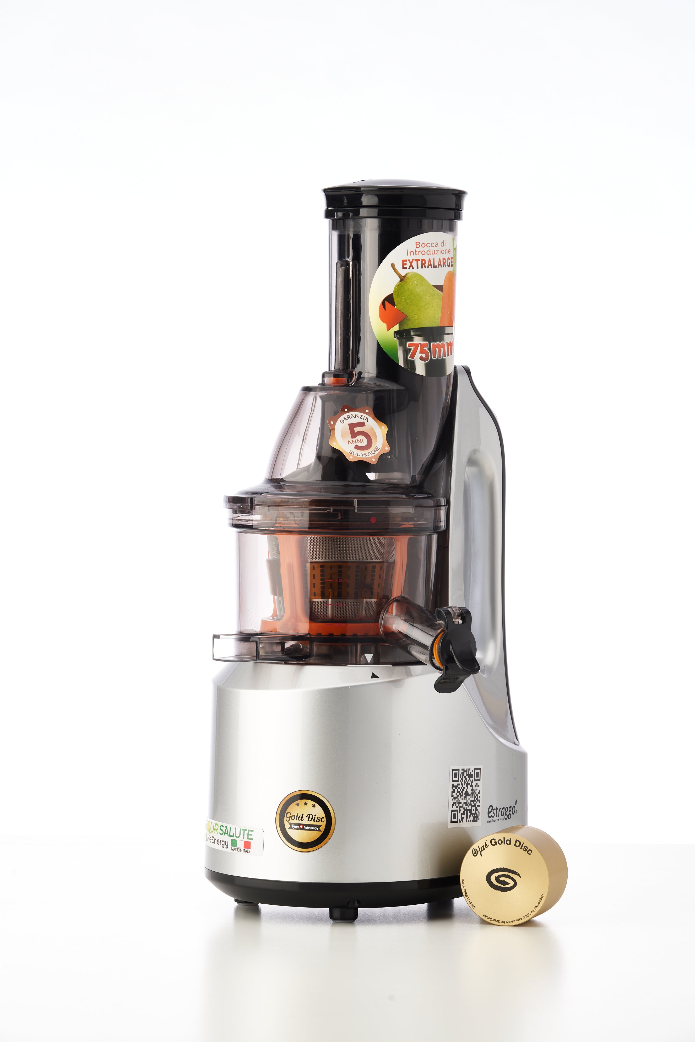 Estrattore di succo lento LifeEnergy PRO di Siqur Salute, apparecchio da cucina bianco con design moderno e funzionalità avanzate.